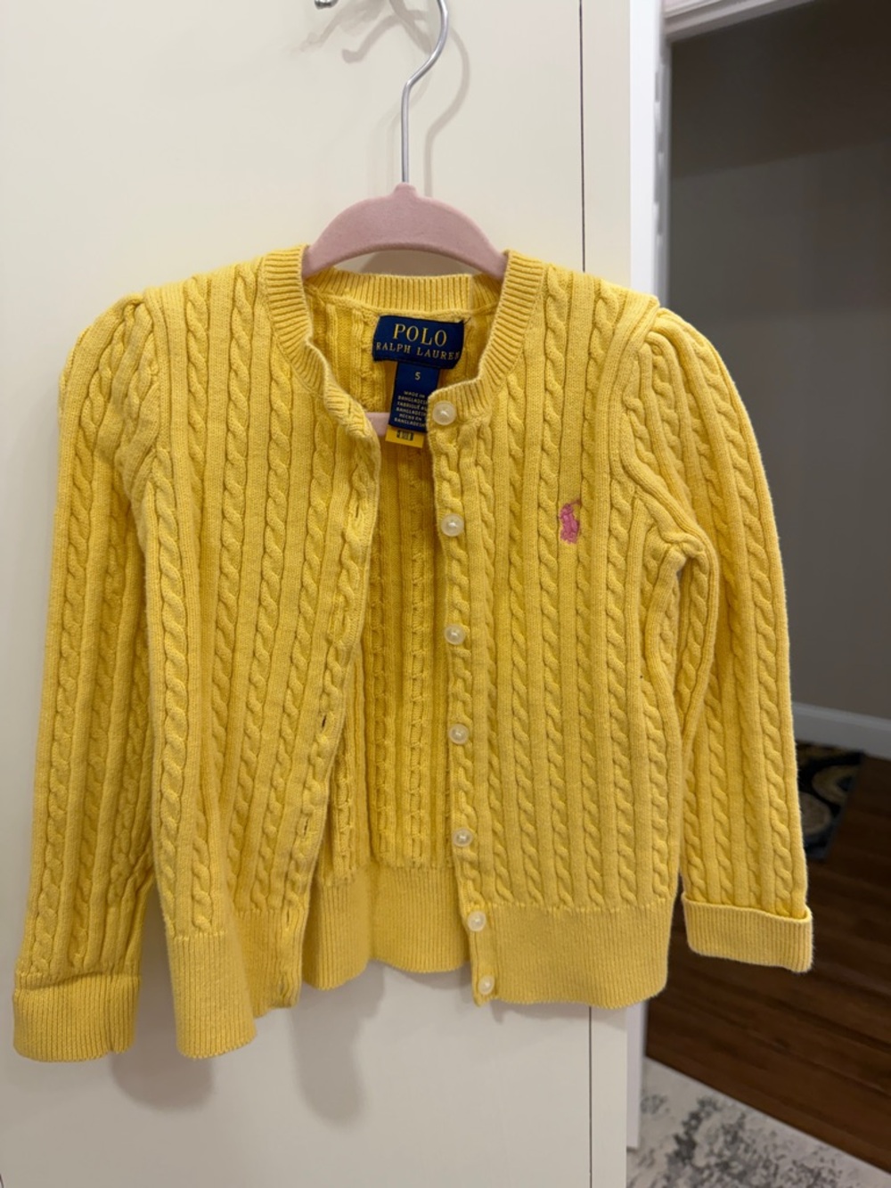 Polo by Ralph Lauren Girls' Yellow Cable Knit Cardigan with Pink Pony